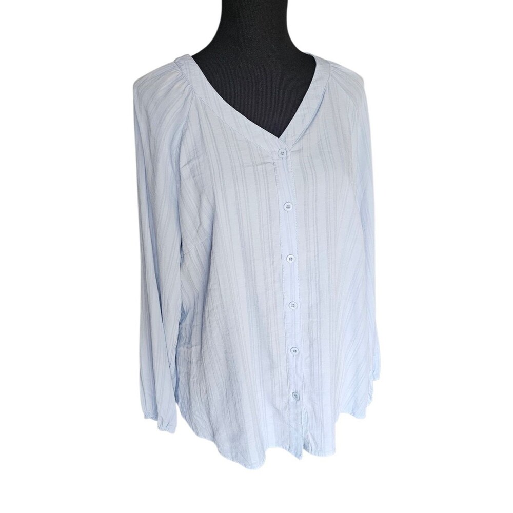 Agnes Orinda 1X Light Blue Textured Button Front Blouse Cottagecore Boho